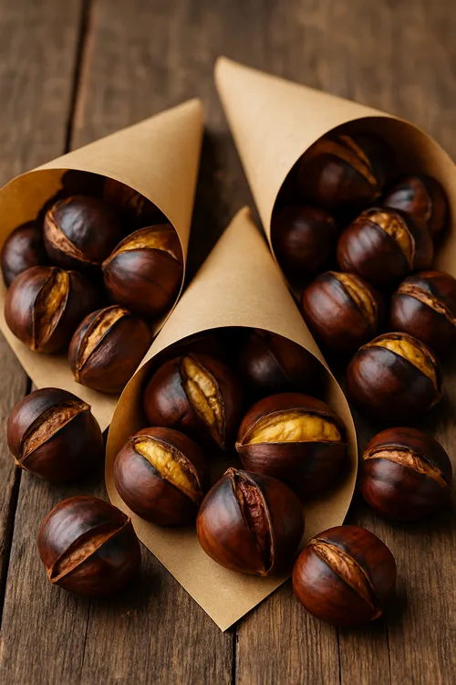 Roasted chestnuts in paper cones