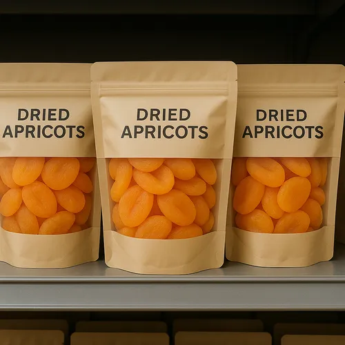 Retail pouches filled with dried apricots on a shelf