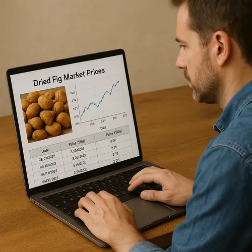 Buyer analysing dried fig market prices on a laptop